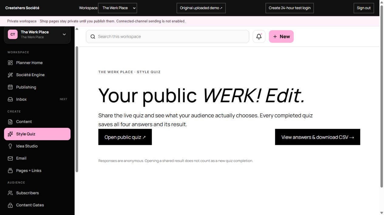 Société Style Quiz workspace linking the public quiz and private responses