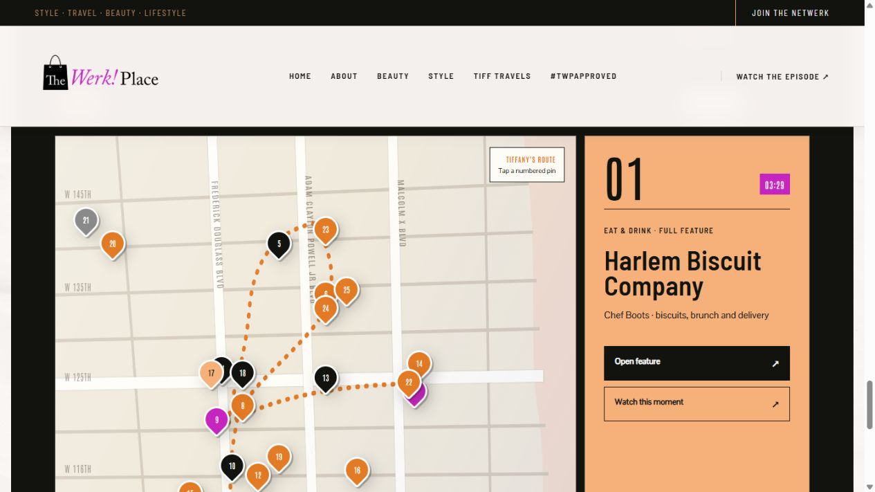 Illustrated Harlem route and Harlem Biscuit Company destination detail