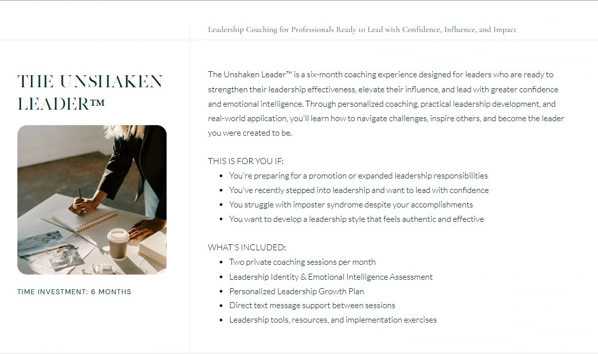 A focused view of The Unshaken Leader offer, with audience fit and included services.