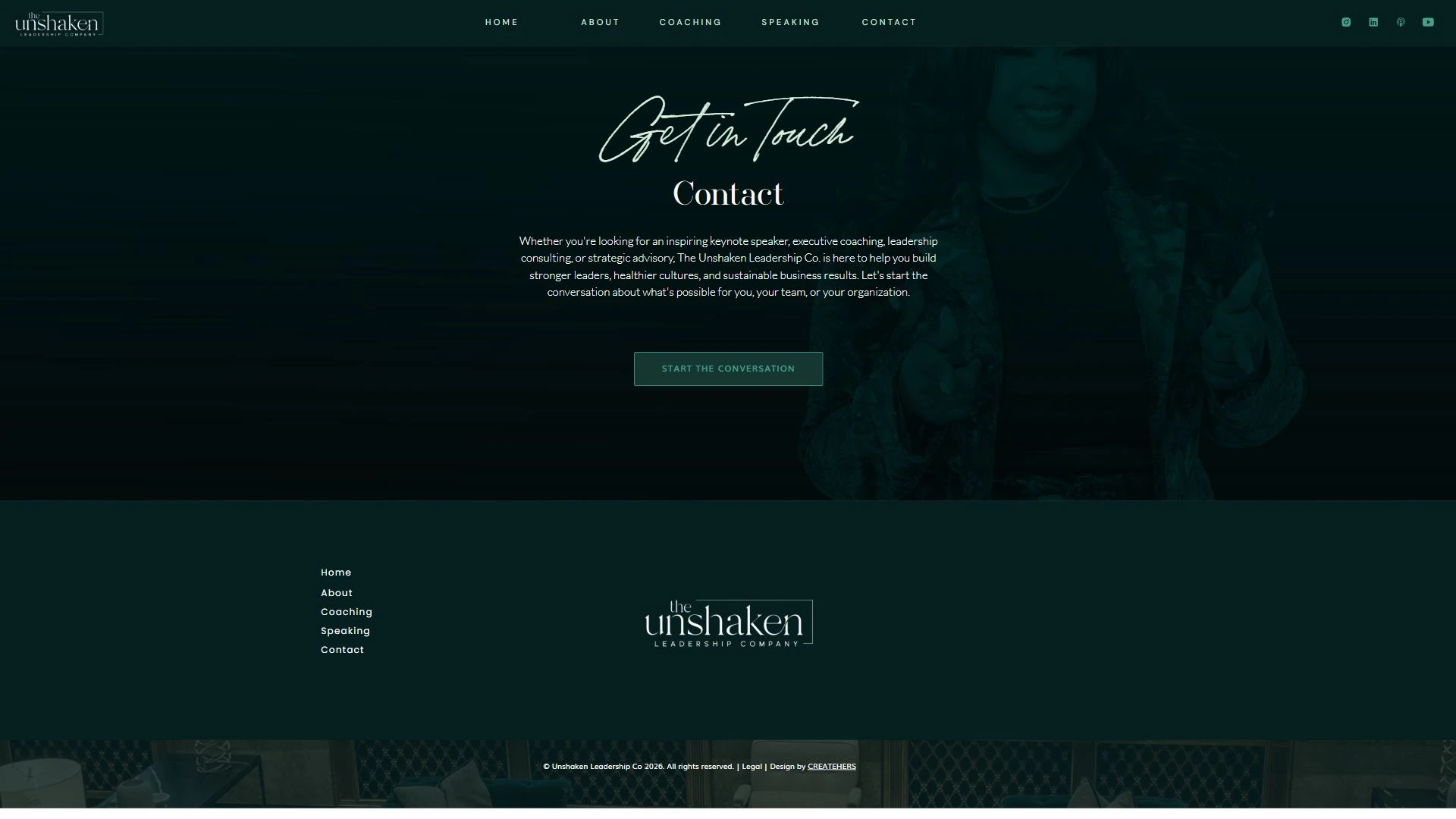 The contact page provides a clear route to starting a coaching, speaking, or advisory conversation.