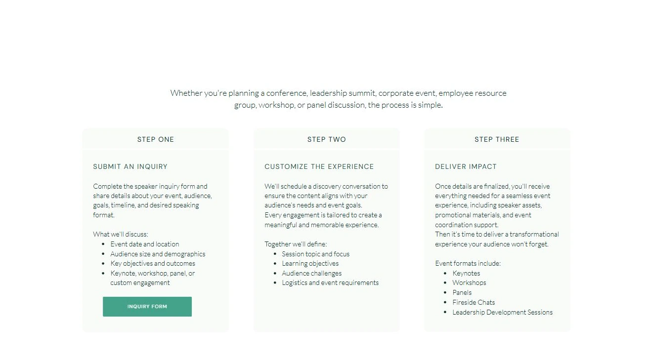 Speaking page: inquiry, customization, and delivery presented as a clear three-step service.